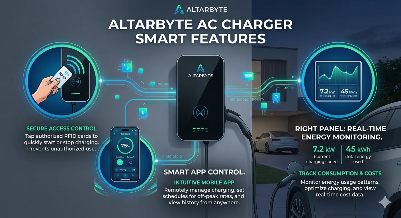 Altarbyte AC Charger Smart Features - RFID, App Control and Energy Monitoring