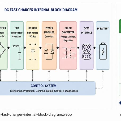 DC fast charger internal block diagram showing rectifier PFC DC link DC-DC converter and CCS2